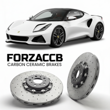 ForzaCCB direct OEM replacement carbon ceramic brake rotors for 2021 and newer Lotus Evija Type 130 models, shown with a white Lotus Evija car.