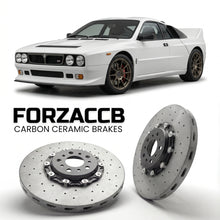 ForzaCCB direct OEM replacement carbon ceramic brake rotors for 2021 and newer Kimera EVO37 models, shown with a white Kimera EVO37 car.