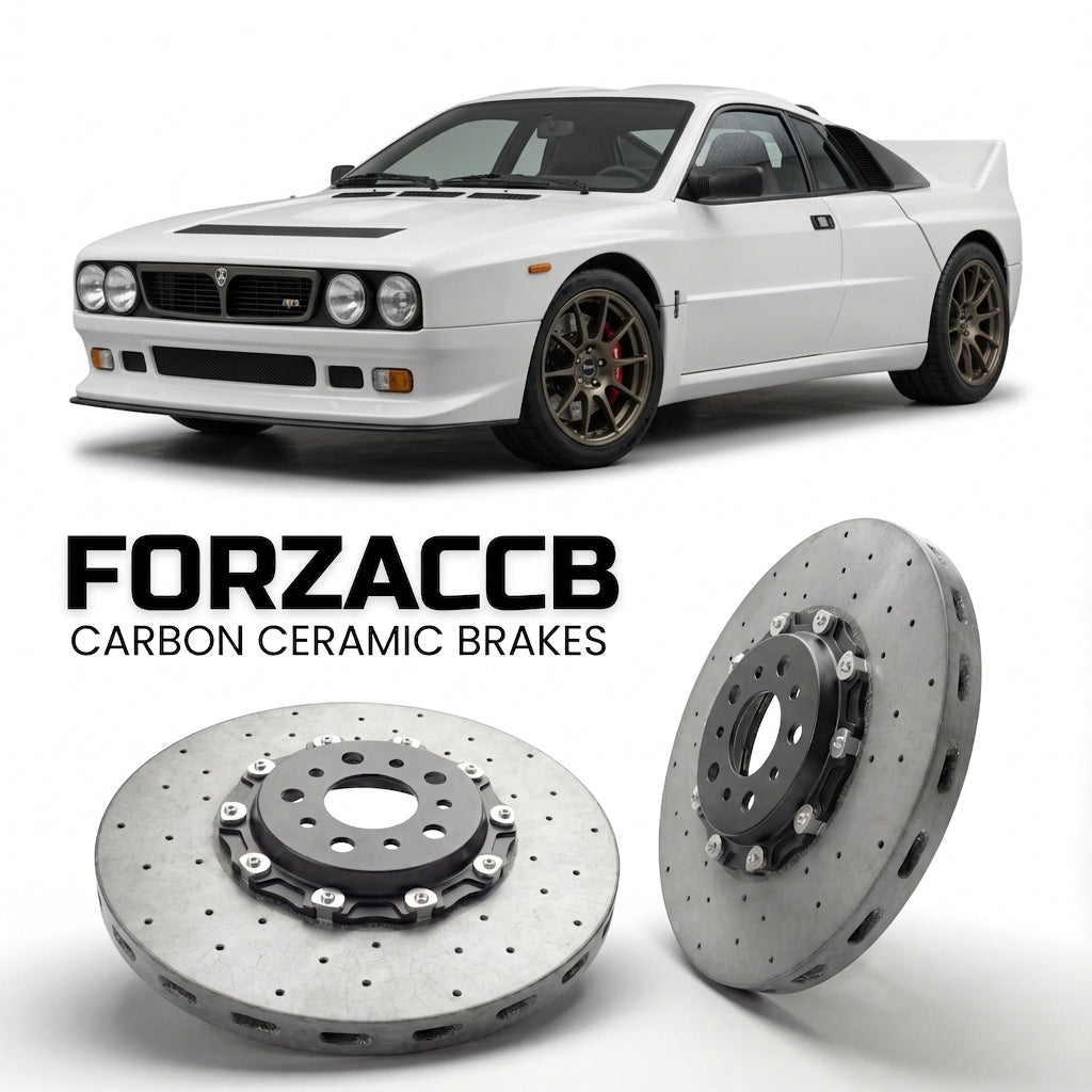 ForzaCCB direct OEM replacement carbon ceramic brake rotors for 2021 and newer Kimera EVO37 models, shown with a white Kimera EVO37 car.