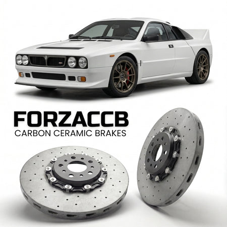 ForzaCCB direct OEM replacement carbon ceramic brake rotors for 2021 and newer Kimera EVO37 models, shown with a white Kimera EVO37 car.