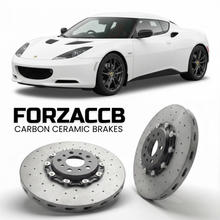 ForzaCCB direct OEM replacement carbon ceramic brake rotors for 2009 to 2015 Lotus Evora Type 122 S1 models, shown with a white Lotus Evora car.