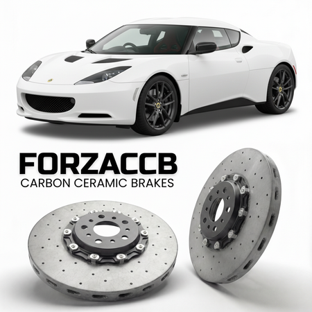 ForzaCCB direct OEM replacement carbon ceramic brake rotors for 2009 to 2015 Lotus Evora Type 122 S1 models, shown with a white Lotus Evora car.