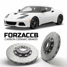 ForzaCCB direct OEM replacement carbon ceramic brake rotors for 2016 to 2021 Lotus Evora Type 122 400/GT models, shown with a white Lotus Evora car.