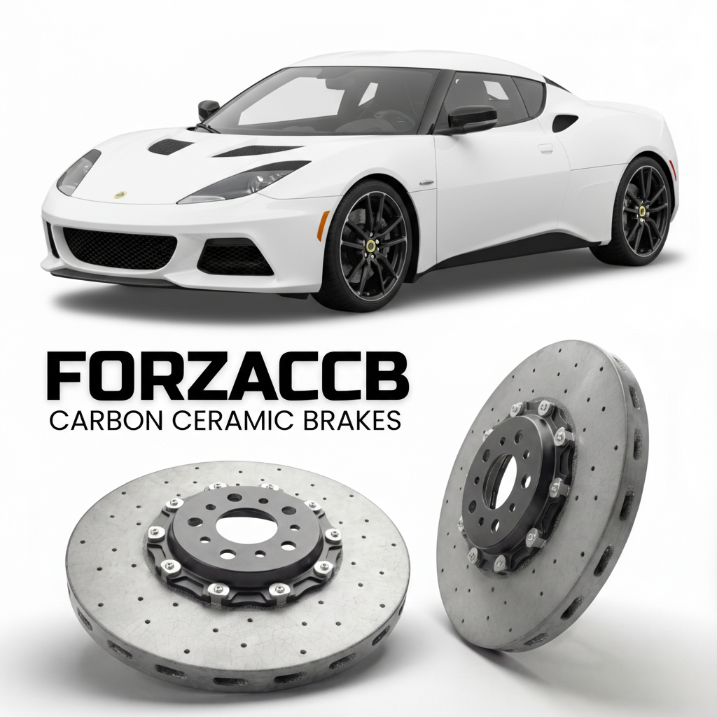 ForzaCCB direct OEM replacement carbon ceramic brake rotors for 2016 to 2021 Lotus Evora Type 122 400/GT models, shown with a white Lotus Evora car.
