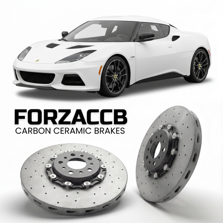 ForzaCCB direct OEM replacement carbon ceramic brake rotors for 2016 to 2021 Lotus Evora Type 122 400/GT models, shown with a white Lotus Evora car.