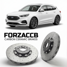 ForzaCCB direct OEM replacement carbon ceramic brake rotors for 2021 and newer Ford Evos models, shown with a white Ford Evos car.