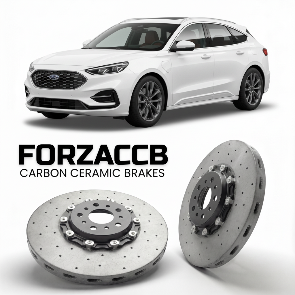 ForzaCCB direct OEM replacement carbon ceramic brake rotors for 2021 and newer Ford Evos models, shown with a white Ford Evos car.