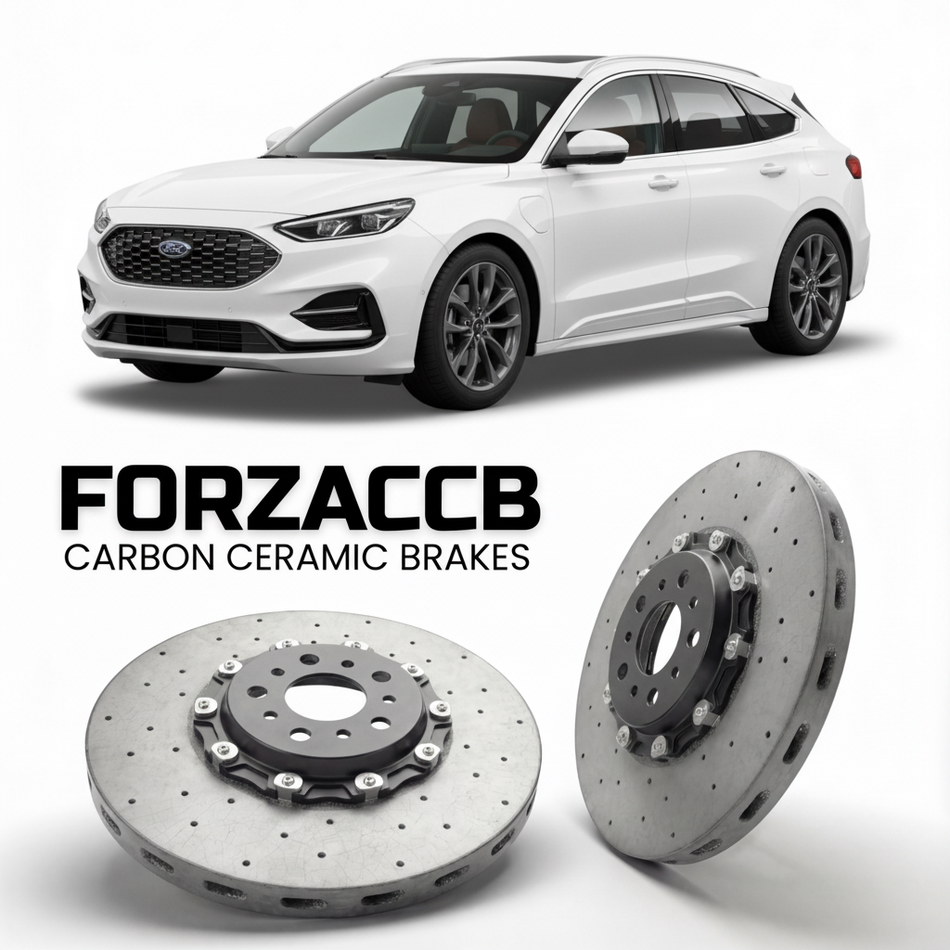 ForzaCCB direct OEM replacement carbon ceramic brake rotors for 2021 and newer Ford Evos models, shown with a white Ford Evos car.