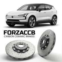 ForzaCCB direct OEM replacement carbon ceramic brake rotors for 2023 and newer Volvo EX30 models, shown with a white Volvo EX30 car.