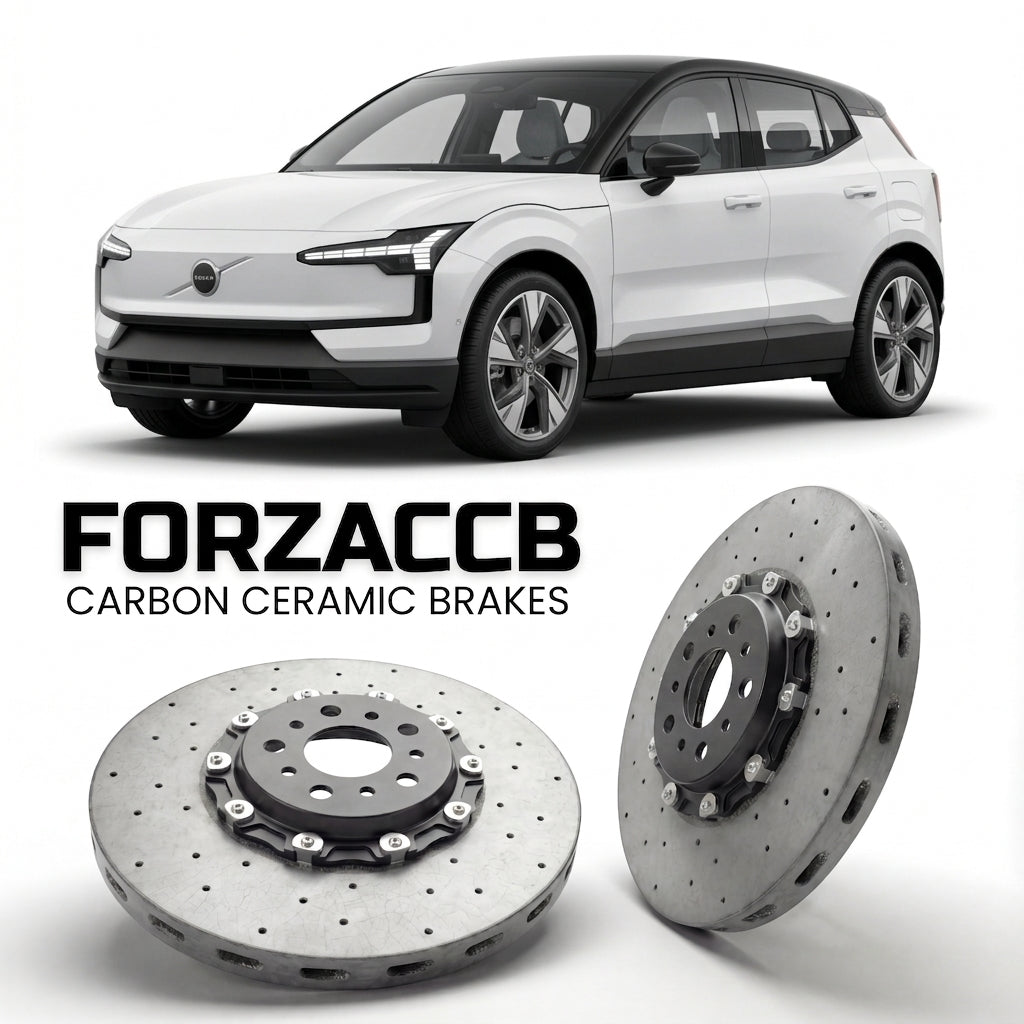 ForzaCCB direct OEM replacement carbon ceramic brake rotors for 2023 and newer Volvo EX30 models, shown with a white Volvo EX30 car.