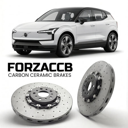 ForzaCCB direct OEM replacement carbon ceramic brake rotors for 2023 and newer Volvo EX30 models, shown with a white Volvo EX30 car.