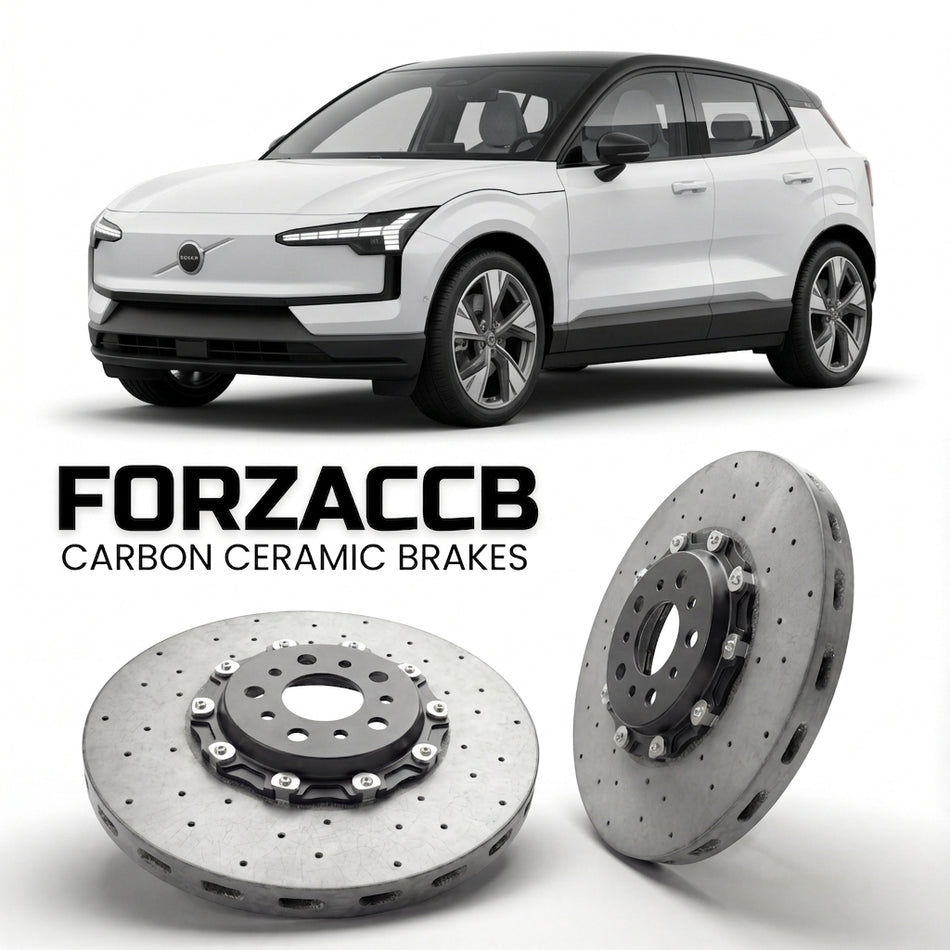 ForzaCCB direct OEM replacement carbon ceramic brake rotors for 2023 and newer Volvo EX30 models, shown with a white Volvo EX30 car.