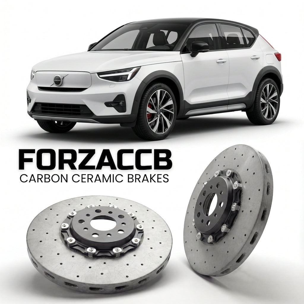 ForzaCCB direct OEM replacement carbon ceramic brake rotors for 2025 and newer Volvo EX30 Cross Country models, shown with a white Volvo EX30 car.