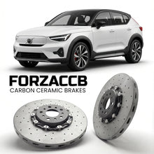 ForzaCCB direct OEM replacement carbon ceramic brake rotors for 2025 and newer Volvo EX30 Cross Country models, shown with a white Volvo EX30 car.