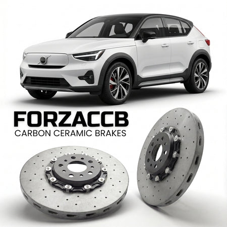 ForzaCCB direct OEM replacement carbon ceramic brake rotors for 2025 and newer Volvo EX30 Cross Country models, shown with a white Volvo EX30 car.