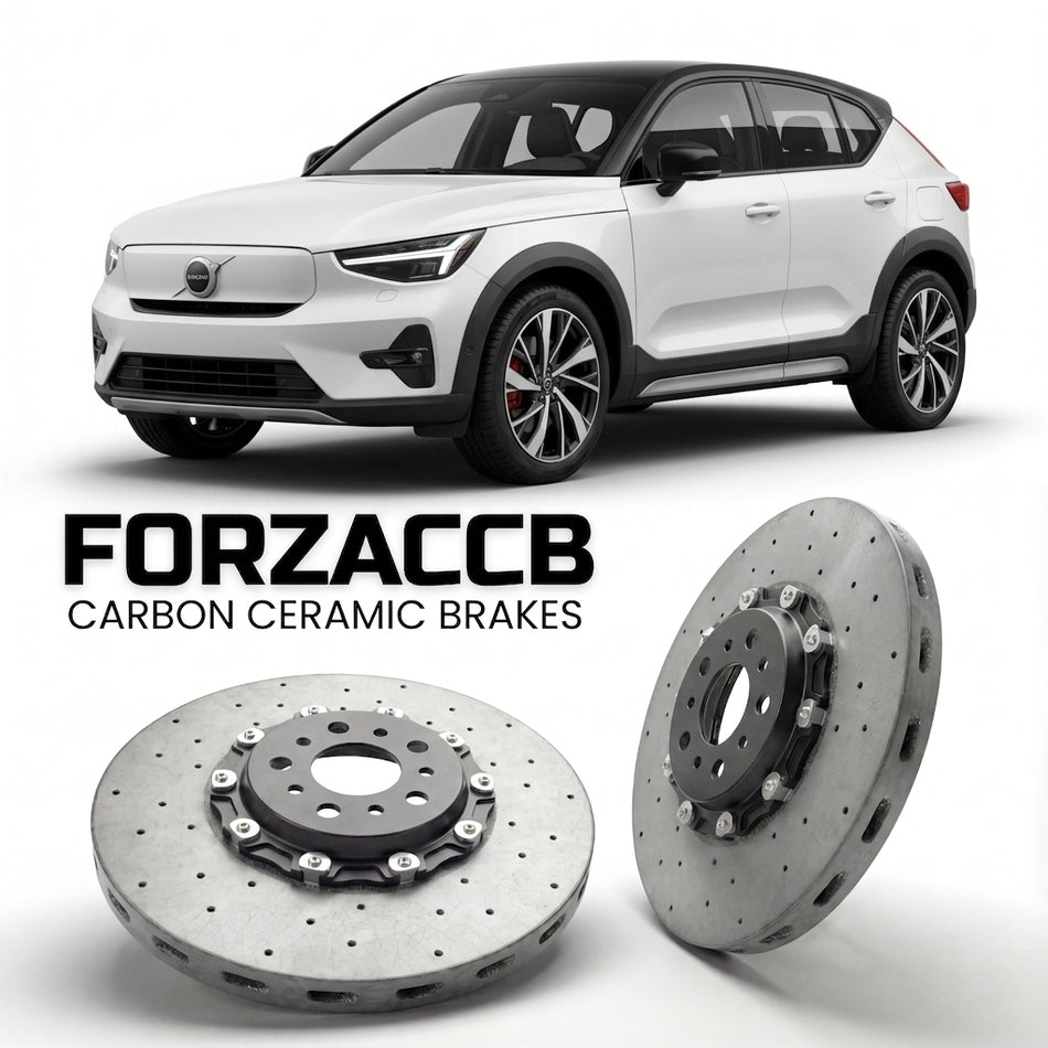 ForzaCCB direct OEM replacement carbon ceramic brake rotors for 2025 and newer Volvo EX30 Cross Country models, shown with a white Volvo EX30 car.