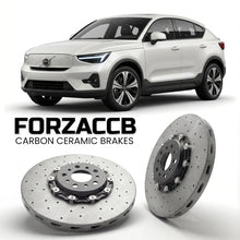 ForzaCCB direct OEM replacement carbon ceramic brake rotors for 2024 and newer Volvo EX40 models, shown with a white Volvo EX40 car.