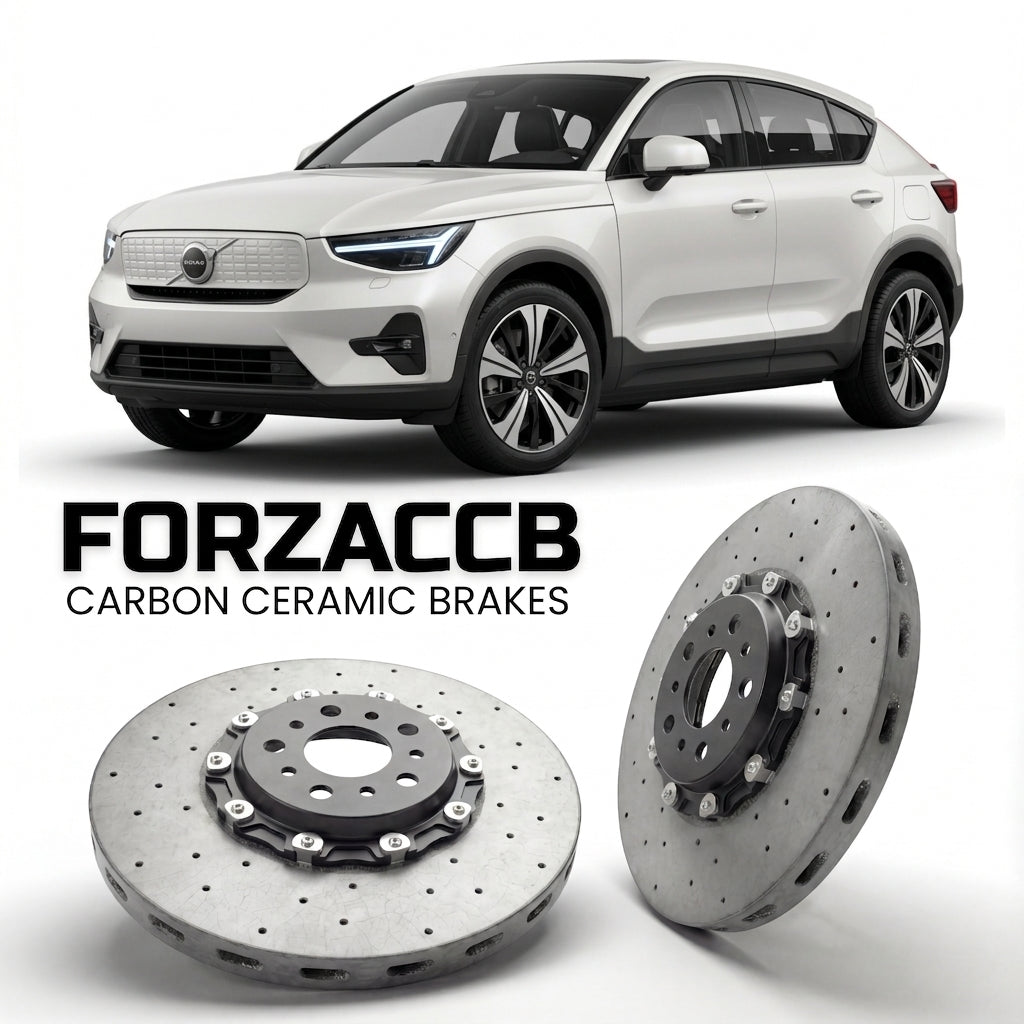 ForzaCCB direct OEM replacement carbon ceramic brake rotors for 2024 and newer Volvo EX40 models, shown with a white Volvo EX40 car.