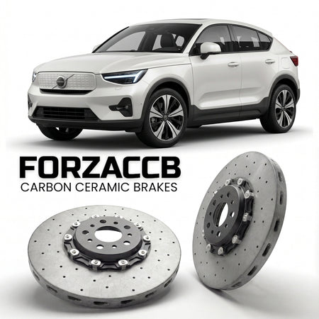 ForzaCCB direct OEM replacement carbon ceramic brake rotors for 2024 and newer Volvo EX40 models, shown with a white Volvo EX40 car.
