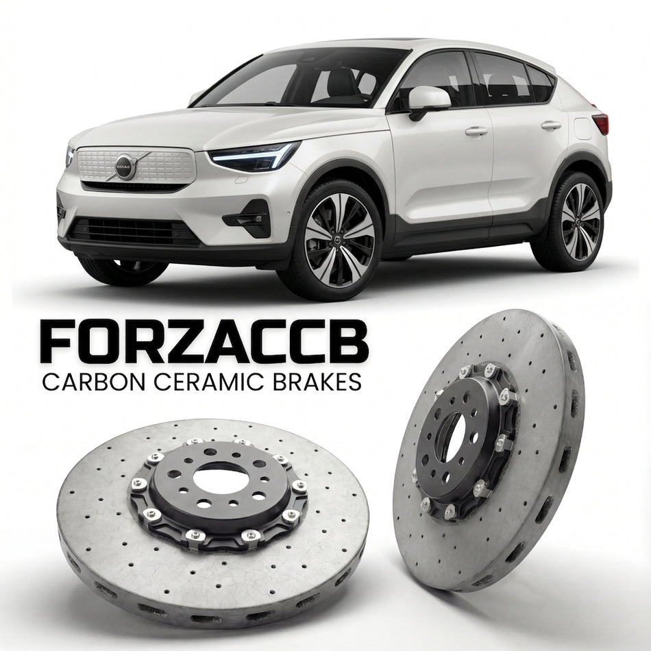 ForzaCCB direct OEM replacement carbon ceramic brake rotors for 2024 and newer Volvo EX40 models, shown with a white Volvo EX40 car.