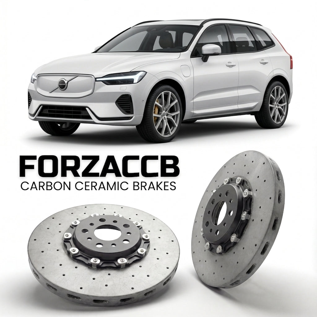 ForzaCCB direct OEM replacement carbon ceramic brake rotors for 2026 and newer Volvo EX60 models, shown with a white Volvo EX60 car.