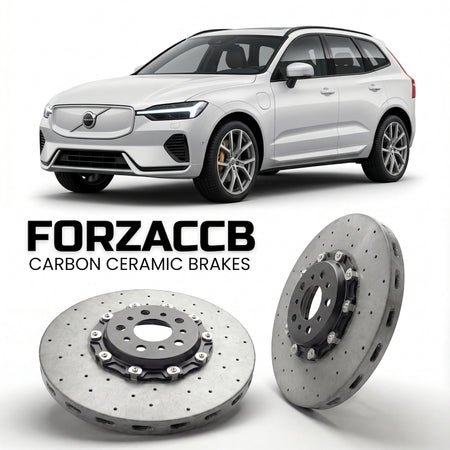 ForzaCCB direct OEM replacement carbon ceramic brake rotors for 2026 and newer Volvo EX60 models, shown with a white Volvo EX60 car.