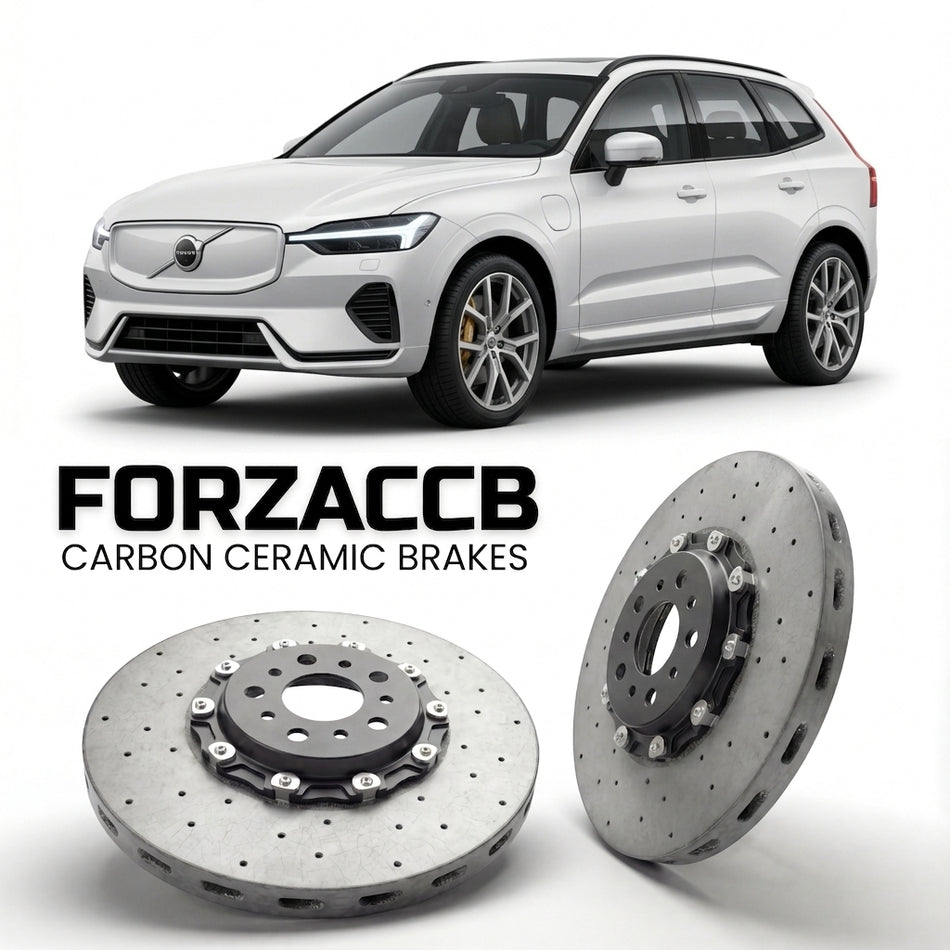 ForzaCCB direct OEM replacement carbon ceramic brake rotors for 2026 and newer Volvo EX60 models, shown with a white Volvo EX60 car.