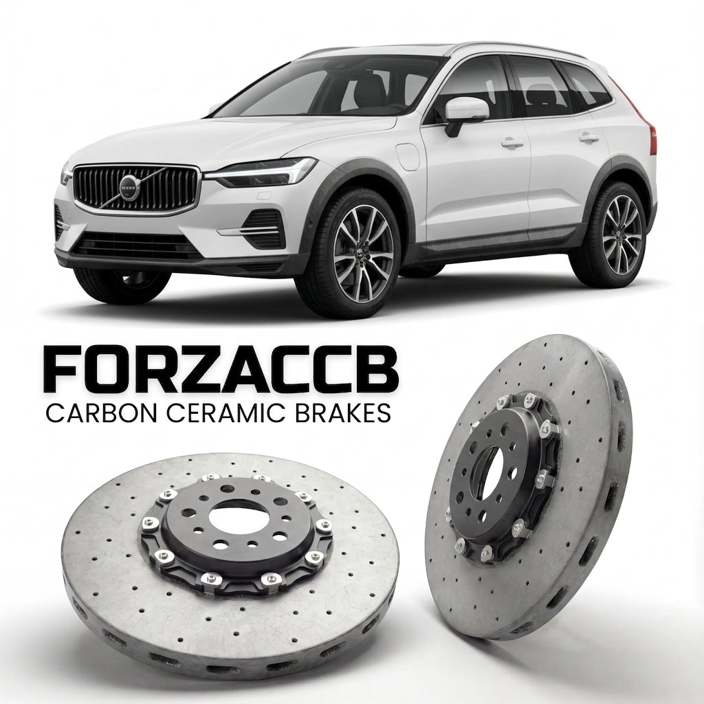 ForzaCCB direct OEM replacement carbon ceramic brake rotors for 2026 and newer Volvo EX60 Cross Country models, shown with a white Volvo EX60 car.