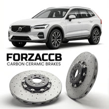 ForzaCCB direct OEM replacement carbon ceramic brake rotors for 2026 and newer Volvo EX60 Cross Country models, shown with a white Volvo EX60 car.