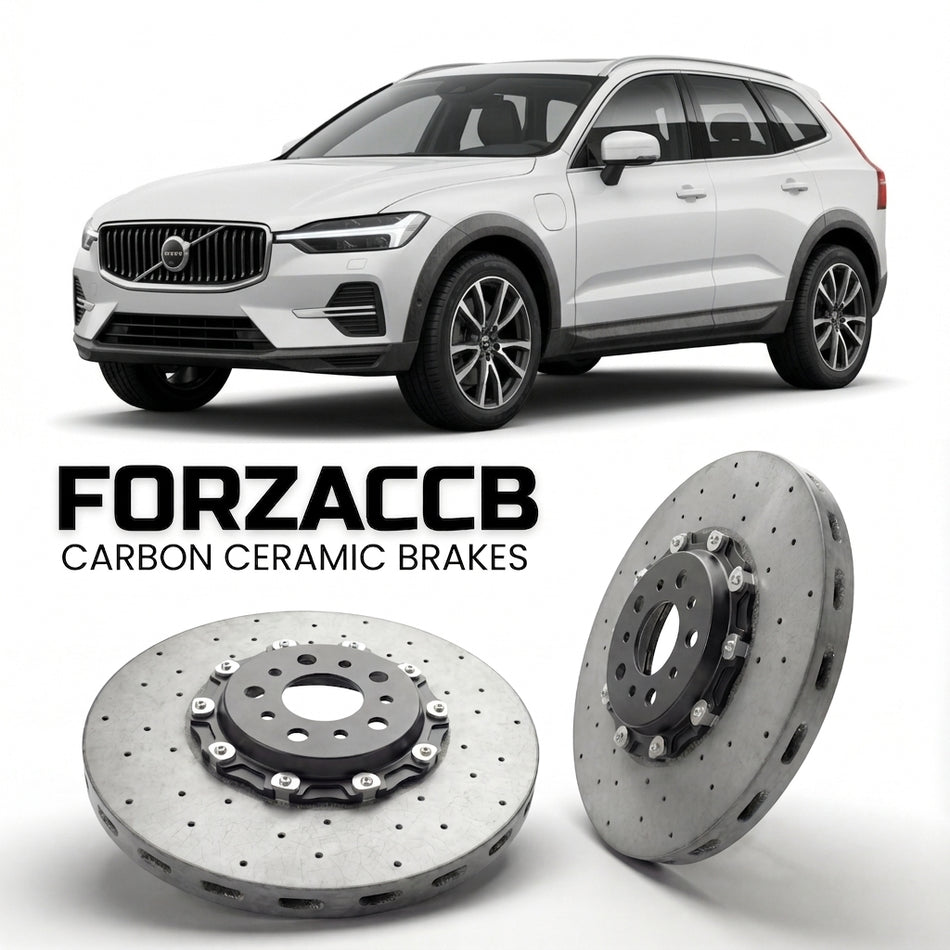 ForzaCCB direct OEM replacement carbon ceramic brake rotors for 2026 and newer Volvo EX60 Cross Country models, shown with a white Volvo EX60 car.