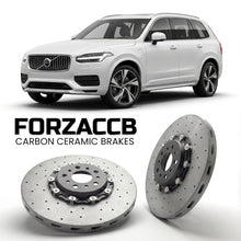 ForzaCCB direct OEM replacement carbon ceramic brake rotors for 2023 and newer Volvo EX90 models, shown with a white Volvo EX90 car.