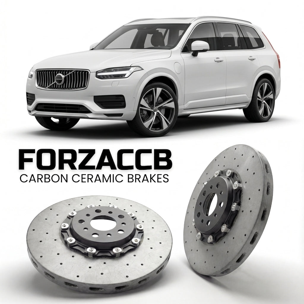 ForzaCCB direct OEM replacement carbon ceramic brake rotors for 2023 and newer Volvo EX90 models, shown with a white Volvo EX90 car.