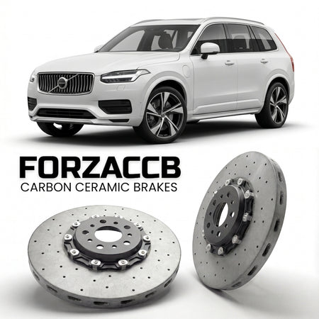 ForzaCCB direct OEM replacement carbon ceramic brake rotors for 2023 and newer Volvo EX90 models, shown with a white Volvo EX90 car.