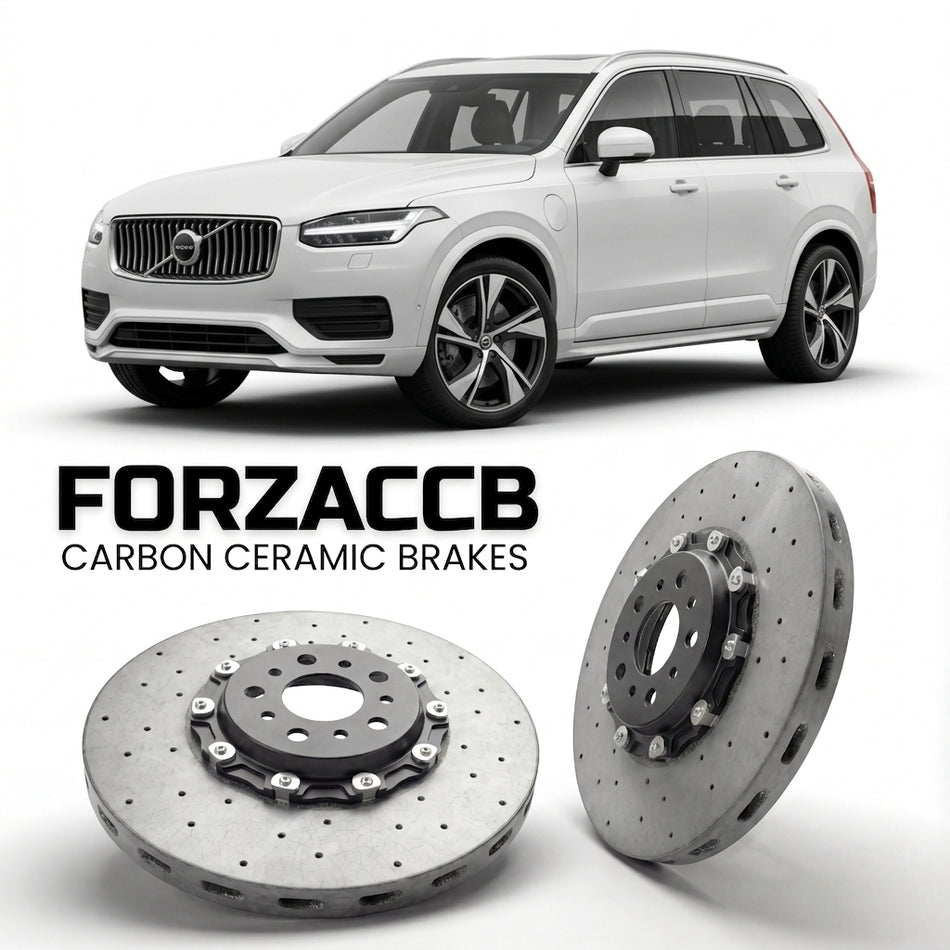 ForzaCCB direct OEM replacement carbon ceramic brake rotors for 2023 and newer Volvo EX90 models, shown with a white Volvo EX90 car.