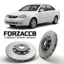ForzaCCB direct OEM replacement carbon ceramic brake rotors for 2005 to 2007 Buick Excelle models, shown with a white Buick Excelle car.
