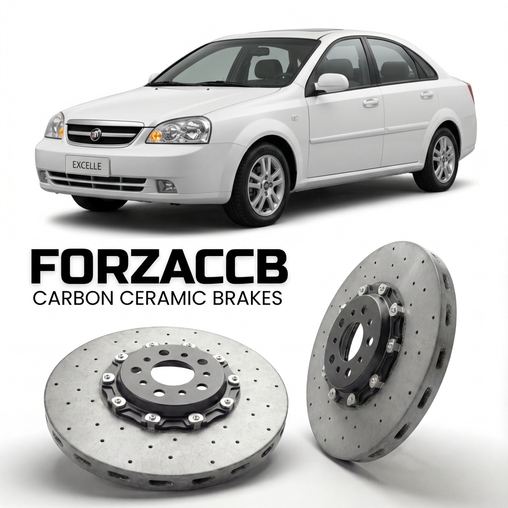 ForzaCCB direct OEM replacement carbon ceramic brake rotors for 2005 to 2007 Buick Excelle models, shown with a white Buick Excelle car.