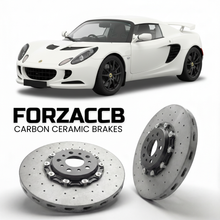 ForzaCCB direct OEM replacement carbon ceramic brake rotors for 2005 to 2011 Lotus Exige S2 models, shown with a white Lotus Exige car.