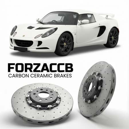 ForzaCCB direct OEM replacement carbon ceramic brake rotors for 2005 to 2011 Lotus Exige S2 models, shown with a white Lotus Exige car.