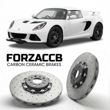 ForzaCCB direct OEM replacement carbon ceramic brake rotors for 2012 to 2021 Lotus Exige S3 models, shown with a white Lotus Exige car.