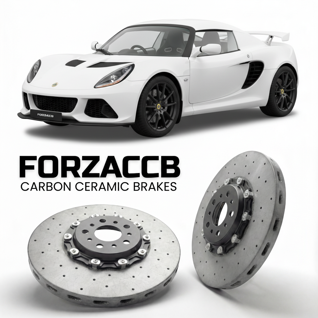 ForzaCCB direct OEM replacement carbon ceramic brake rotors for 2012 to 2021 Lotus Exige S3 models, shown with a white Lotus Exige car.