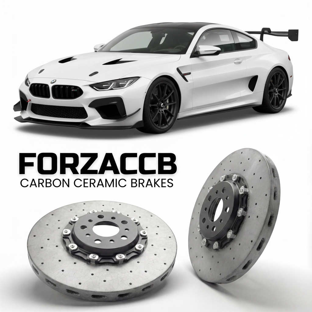 ForzaCCB direct OEM replacement carbon ceramic brake rotors for 2025 to 2026 Dallara EXP track-only models, shown with a white Dallara EXP car.