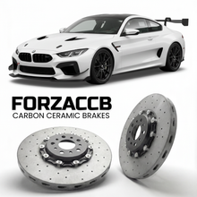 ForzaCCB direct OEM replacement carbon ceramic brake rotors for 2025 to 2026 Dallara EXP track-only models, shown with a white Dallara EXP car.
