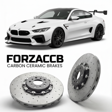 ForzaCCB direct OEM replacement carbon ceramic brake rotors for 2025 to 2026 Dallara EXP track-only models, shown with a white Dallara EXP car.