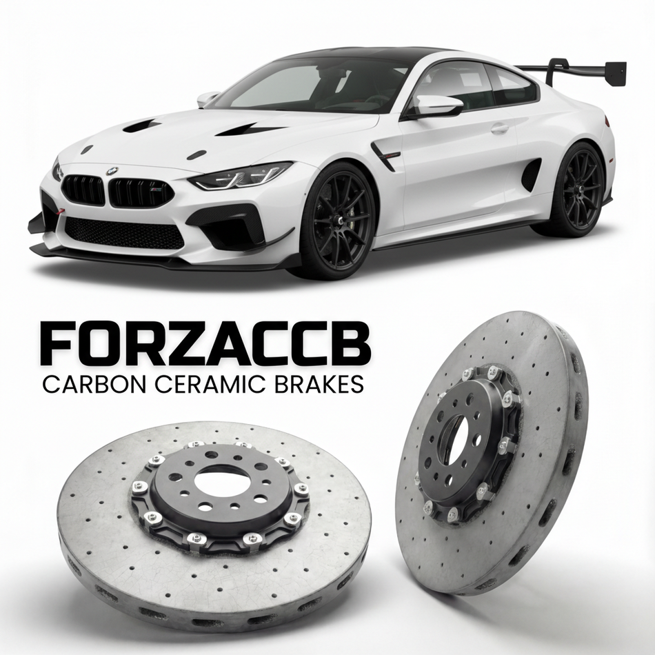 ForzaCCB direct OEM replacement carbon ceramic brake rotors for 2025 to 2026 Dallara EXP track-only models, shown with a white Dallara EXP car.