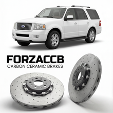 ForzaCCB direct OEM replacement carbon ceramic brake rotors for 2005 to 2006 Ford Expedition II models, shown with a white Ford Expedition car.