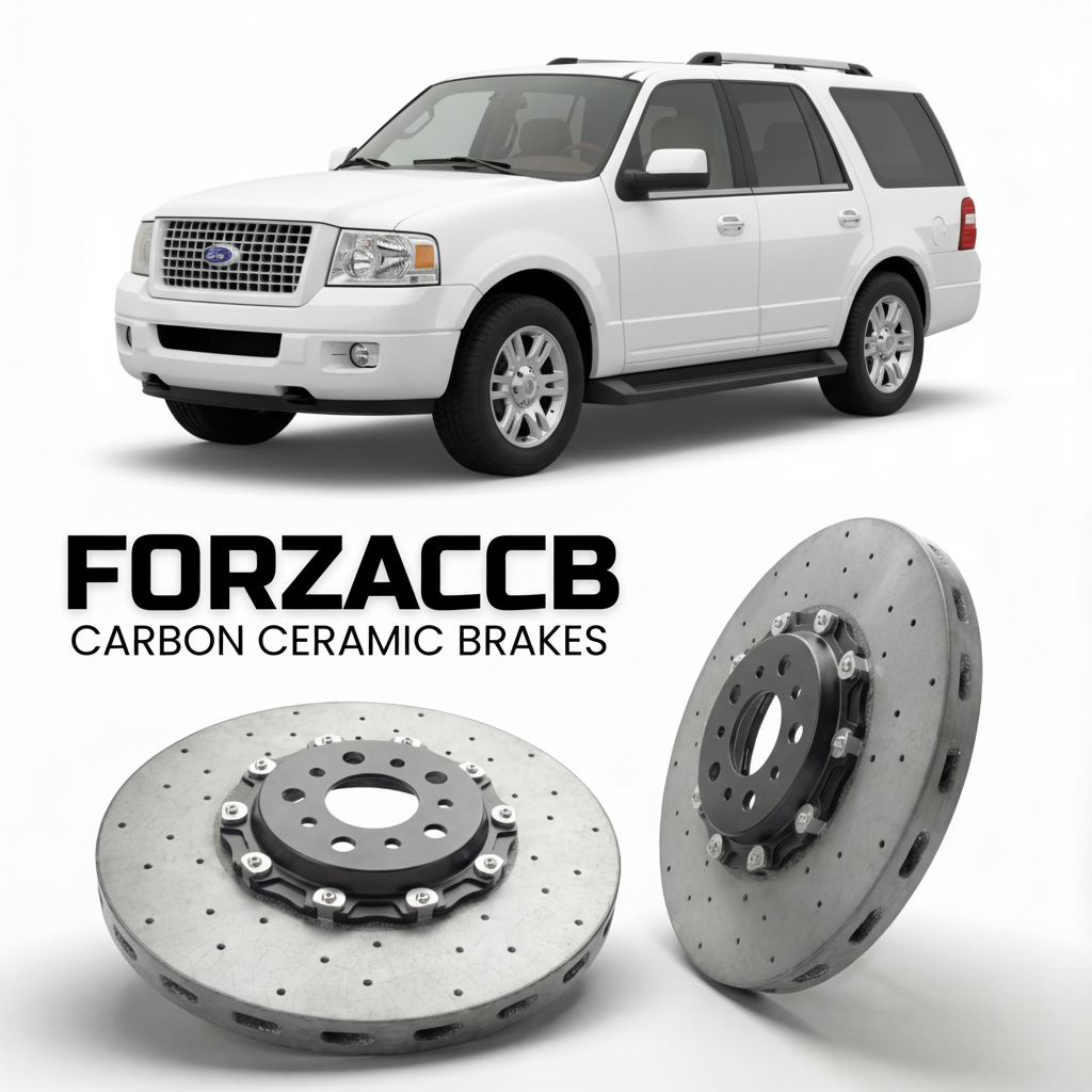 ForzaCCB direct OEM replacement carbon ceramic brake rotors for 2005 to 2006 Ford Expedition II models, shown with a white Ford Expedition car.
