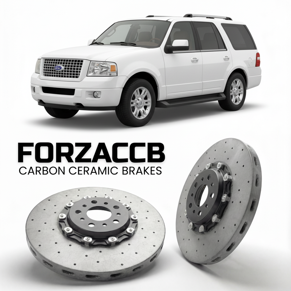 ForzaCCB direct OEM replacement carbon ceramic brake rotors for 2005 to 2006 Ford Expedition II models, shown with a white Ford Expedition car.