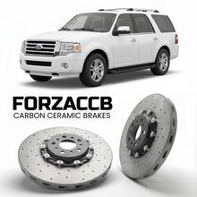 ForzaCCB direct OEM replacement carbon ceramic brake rotors for 2006-2014) Ford Expedition III EL (U354 models, shown with a white Ford Expedition car.