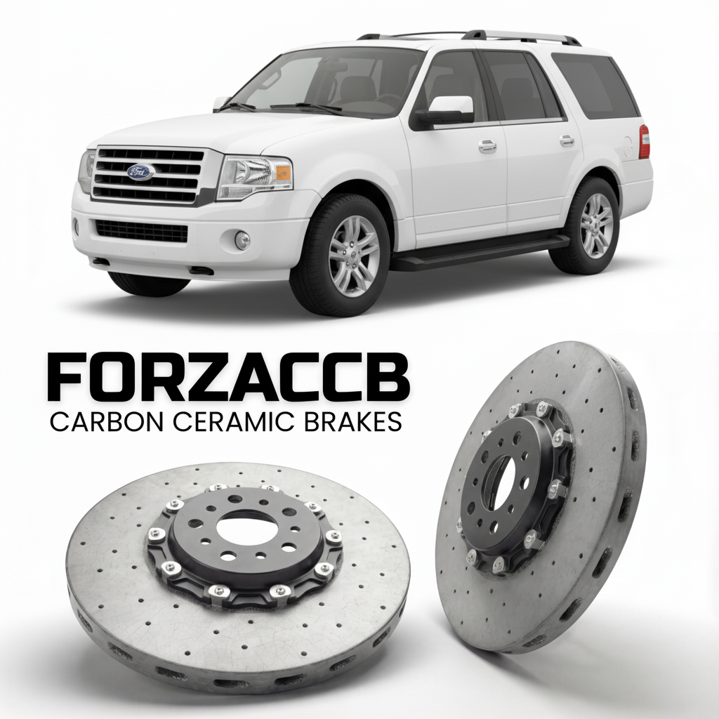 ForzaCCB direct OEM replacement carbon ceramic brake rotors for 2006-2014) Ford Expedition III EL (U354 models, shown with a white Ford Expedition car.