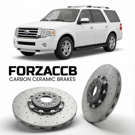 ForzaCCB direct OEM replacement carbon ceramic brake rotors for 2006-2014) Ford Expedition III EL (U354 models, shown with a white Ford Expedition car.